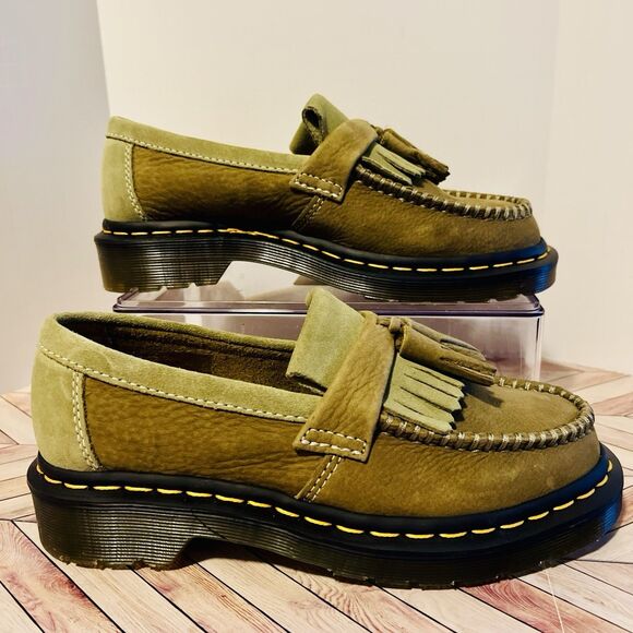 Dr Martens Adrian Tumbled Nubuck Leather Tassel Loafer M 4 W 5 Muted Olive Green - Picture 2 of 8
